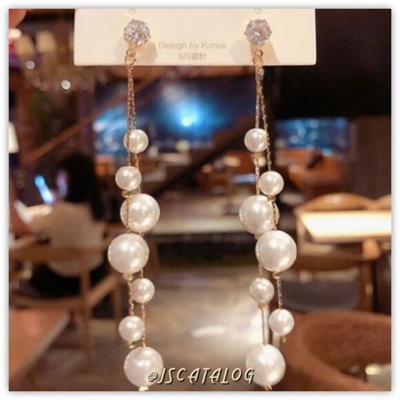 1 Pair of CZ w/Faux Pearls Long Drop Gold Earrings - Picture 3 of 5